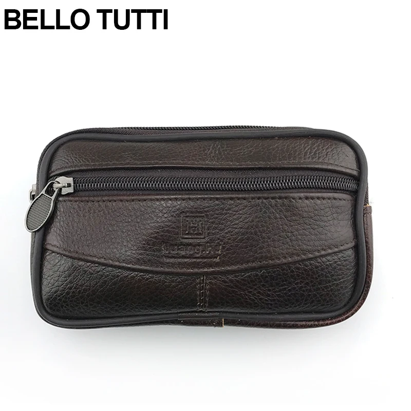 

BELLO TUTTI Outdoor Cowhide Leather Running Sport Waist Bag Multi-Function Phone Money Pocket Belt Waist Bags For Men Coffee