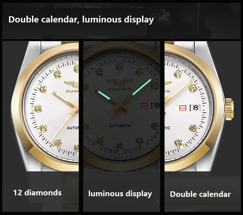 GUANQIN золотые парные часы для мужчин и женщин механические часы светящиеся Календарь Неделя водонепроницаемые Стразы автоматические часы для влюбленных