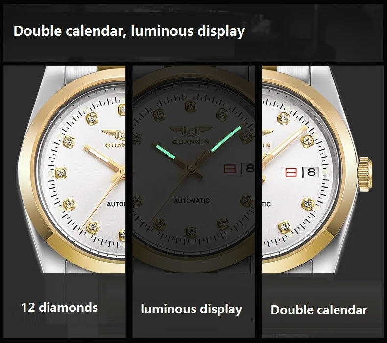 GUANQIN Gold Couple Watch Men Women Mechanical Watch Luminous Calendar Week Waterproof Rhinestones Automatic Lovers Watches (8)