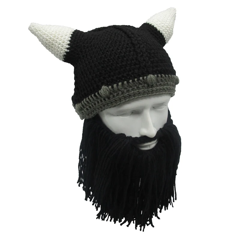 Handmade Wig Beard Viking Beanies Hat Horn Winter Cap For Men Crochet Dad Hat Winter Male Cap Halloween Gifts Party Cap SKullcap