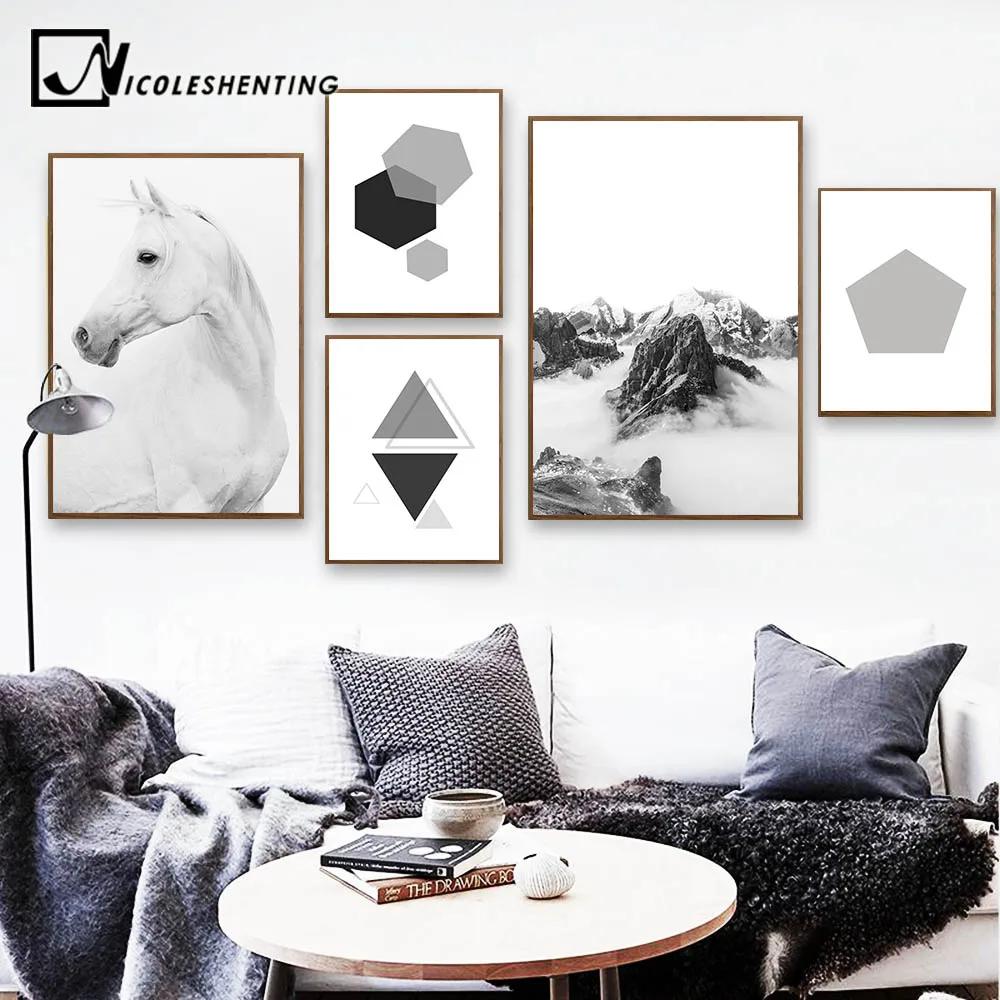 

Scandinavian Style Horse Mountain Wall Art canvas Poster Nordic Landscape Print Geometry Abstract Painting Decorative Picture