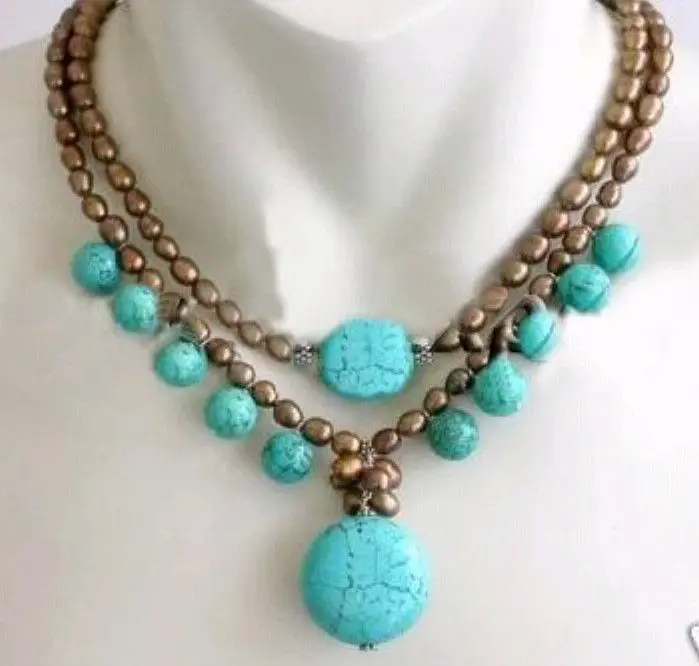 

Hot sale Free Shipping>7-8MM Brown Akoya Cultured Pearl&Turquoise Necklace