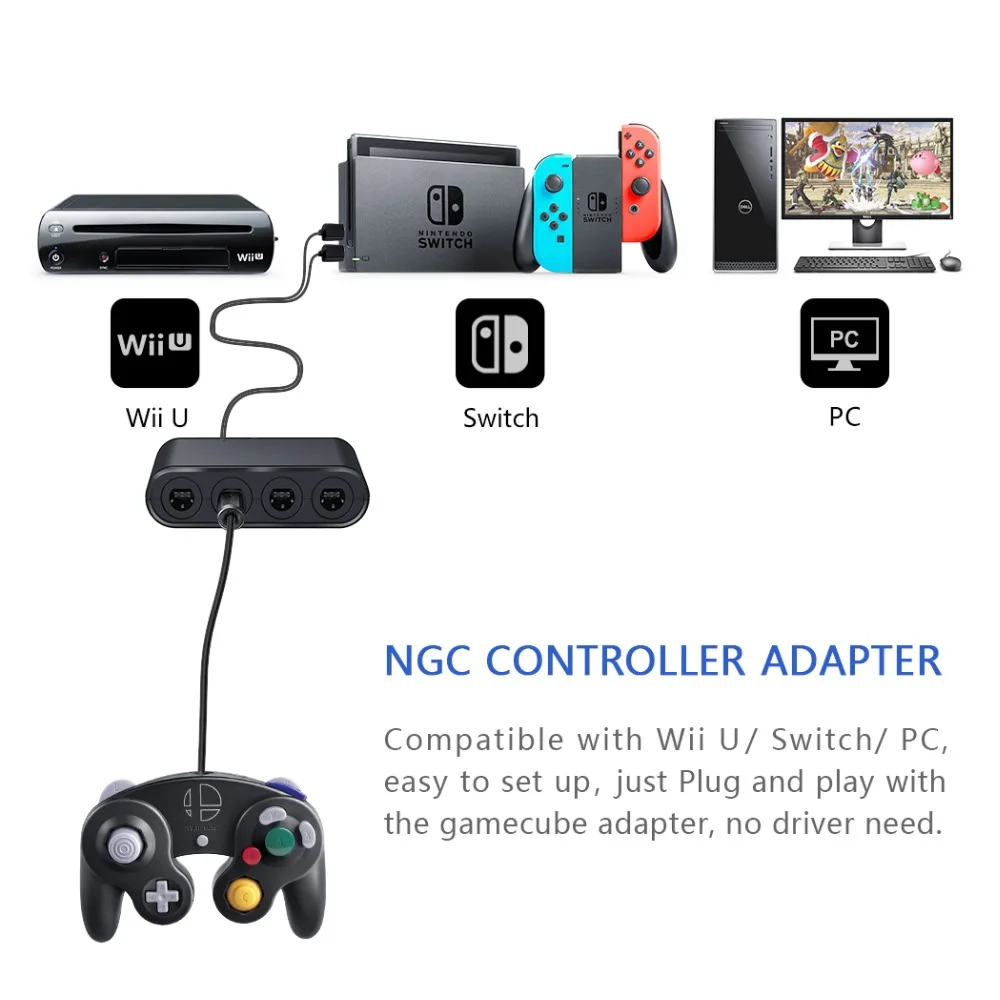 Новый адаптер контроллера 3 в 1 GC для N Switch/WiiU/PC 4 порта игрового кубического