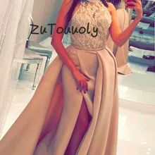 Золотые арабские вечерние платья Дубайский мусульманский вечерние платья с высоким воротом кружевное платье для выпускного вечера с разрезами Русалочка съемное вечернее платье