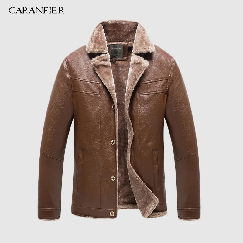 CARANFIER, воротник из искусственного меха, мужские Куртки из искусственной кожи, зимнее утепленное пальто, Jaqueta De Couro Chaqueta, куртка из искусственной кожи, M-3XL - Цвет: Коричневый