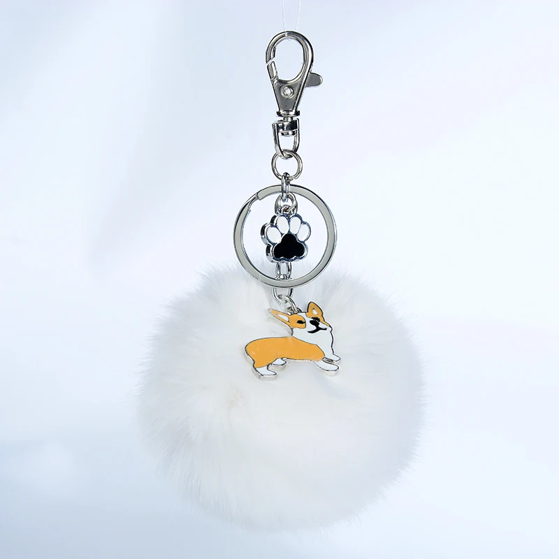 Брелок для ключей Welsh Corgi Pembroke из кроличьего меха с помпоном сплава мужчин и