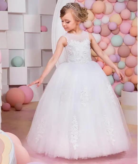 

New Lace Ball Gown White Flower Girls Dresses Sequin Kids Wedding Party Dress Long First Communion Dresses For Girls Princess