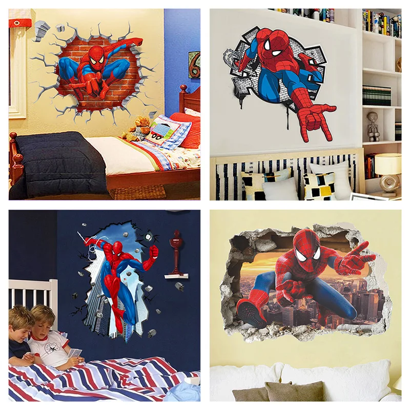 

3d Spiderman Broken Hole Wall Stickers For Kids Room Home Decoration Diy Super Hero Mural Art Boy's Movie Poster Pvc Wall Decals