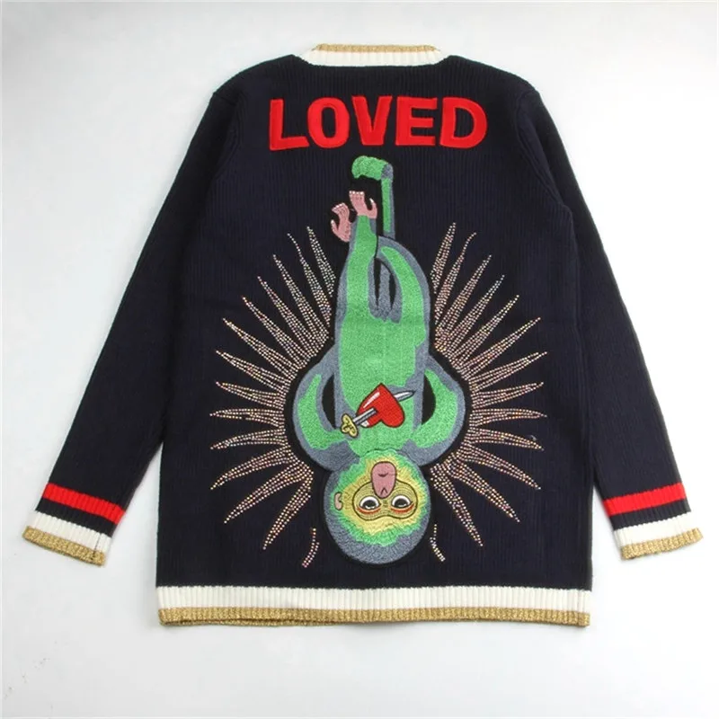 

Luxury Designer Brand Knitted Sweater for Women V Neck Embroidered Monkey Hot Drilling Loose Knitted Cardigans Sweater
