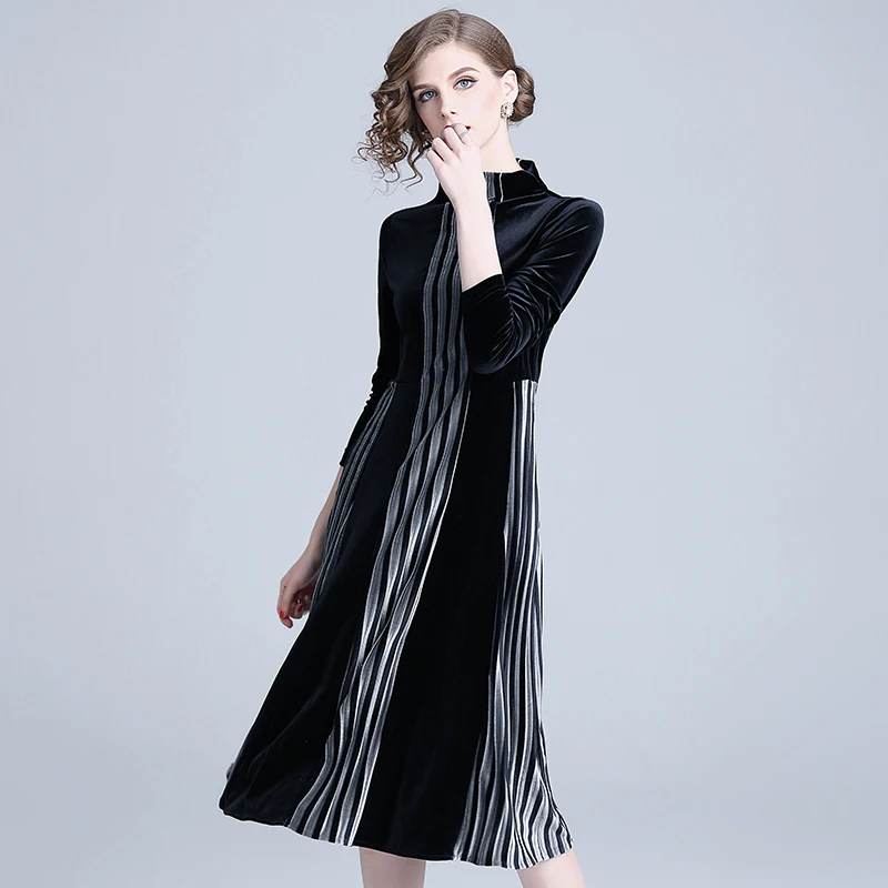 Vestido De terciopelo De manga larga negro De Invierno Ropa Invierno Mujer 2018 vestido De fiesta De rayas De cuello alto para Mujer Vestidos De Mujer K322 Vestido De terciopelo De manga larga negro De Invierno Ropa Invierno Mujer 2018 vestido De fiesta De rayas De cuello alto para Mujer Vestidos De Mujer K322