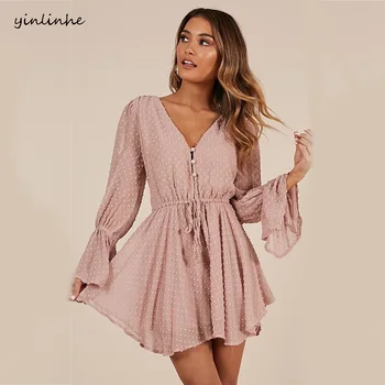 

yinlinhe Sexy Transparent Playsuit Summer Bohemian Beach Overalls Pink Polka Dot Short Jumpsuit Women Rompers Long Sleeve 768
