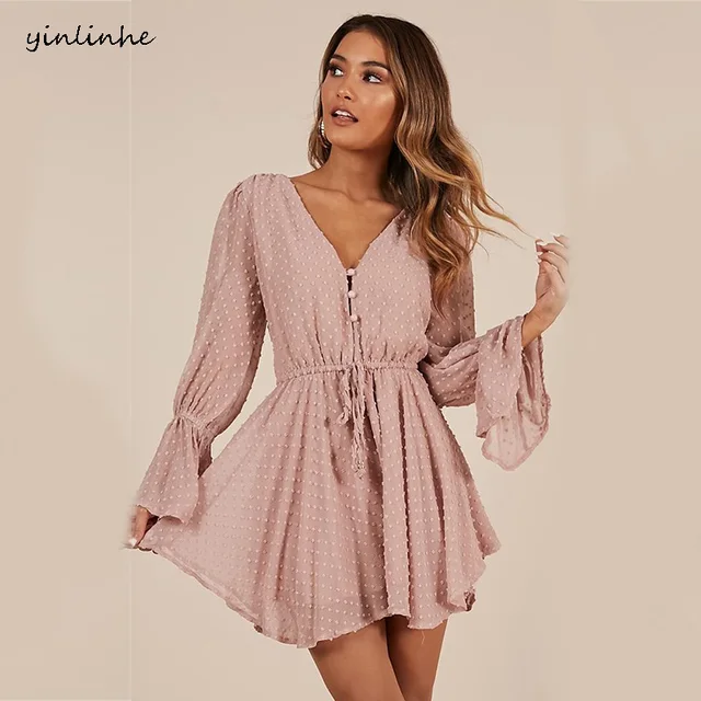 US $17.11 yinlinhe Sexy Transparent Playsuit Summer Bohemian Beach Overalls Pink Polka Dot Short Jumpsuit Wom