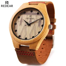 REDEAR Men’s Grain Leather Strap Wood Watch Fashion Designer Wooden Watch Mens Watches Top Brand Luxury Bamboo Quartz Wristwatch