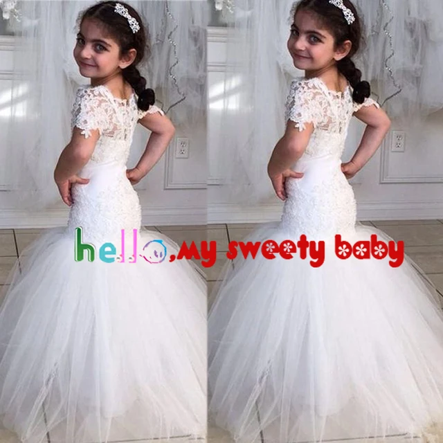 Cheap New Little Girls Party Dresses First Communion Dress Sheer Crew Neckline Short Sleeve Mermaid Lace Flower girls Dresses 2017