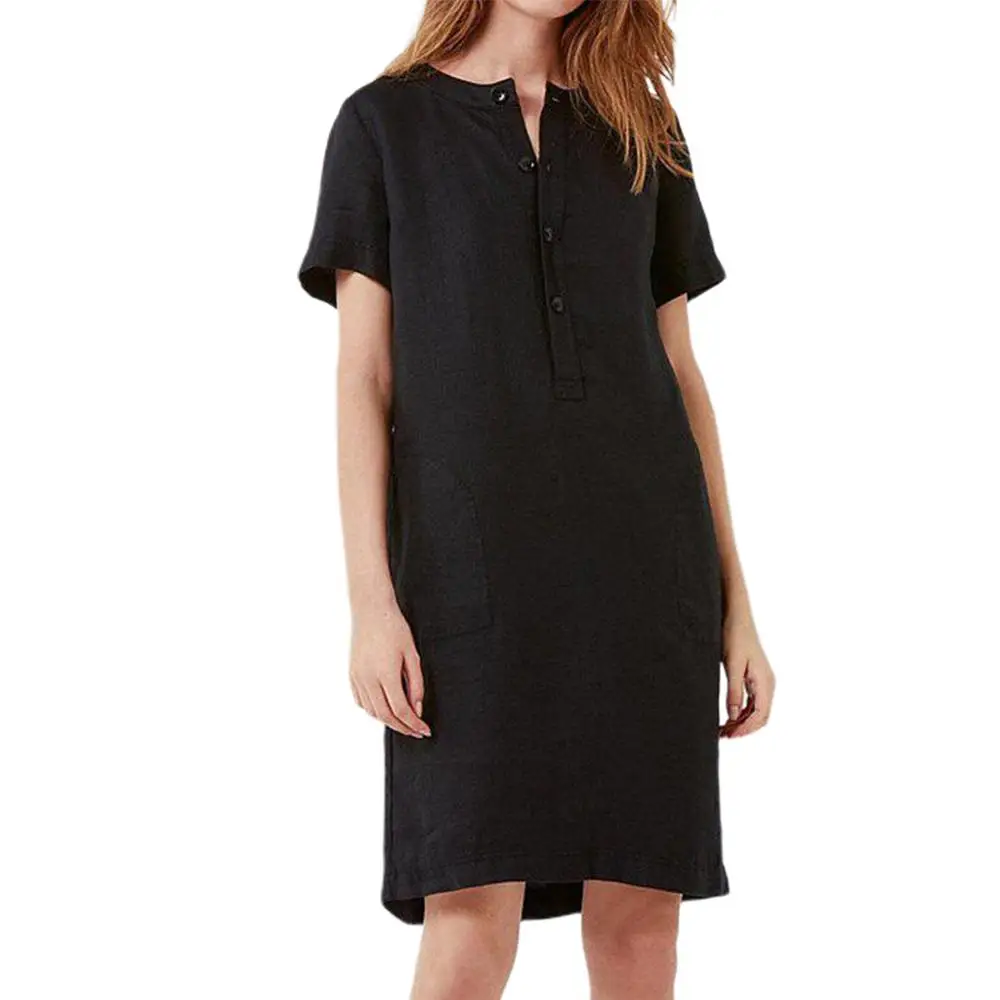 

Women Plus Size Short Sleeve Midi Long Blouse Dress Stand Collar Button V-Neck Solid Color Tunic Top Sundress With Pockets S-5XL