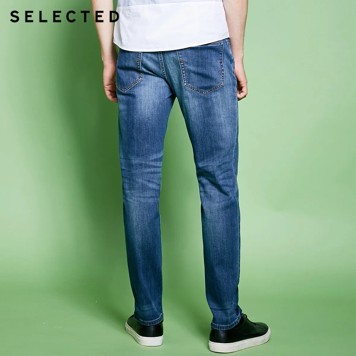 SELECTED Men's Cotton-blend Slight Stretch Whiskers Wash Effect Slim Fit Jeans C|418132525