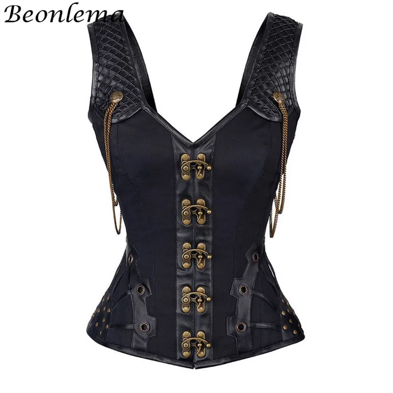 

Beonlema 12 Steel Bone Corset for Women Steampunk Clothing Vintage Leather Top Black Tan Shape Waist Body Gorset Body Shaping