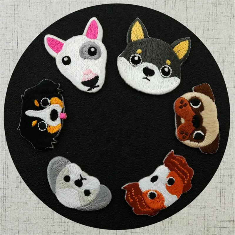 

Free Shipping Cute Dogs Pug Bull Terrier Akita cloth patches Iron on stickers DIY Mending Repair Family clothes Decoration kids