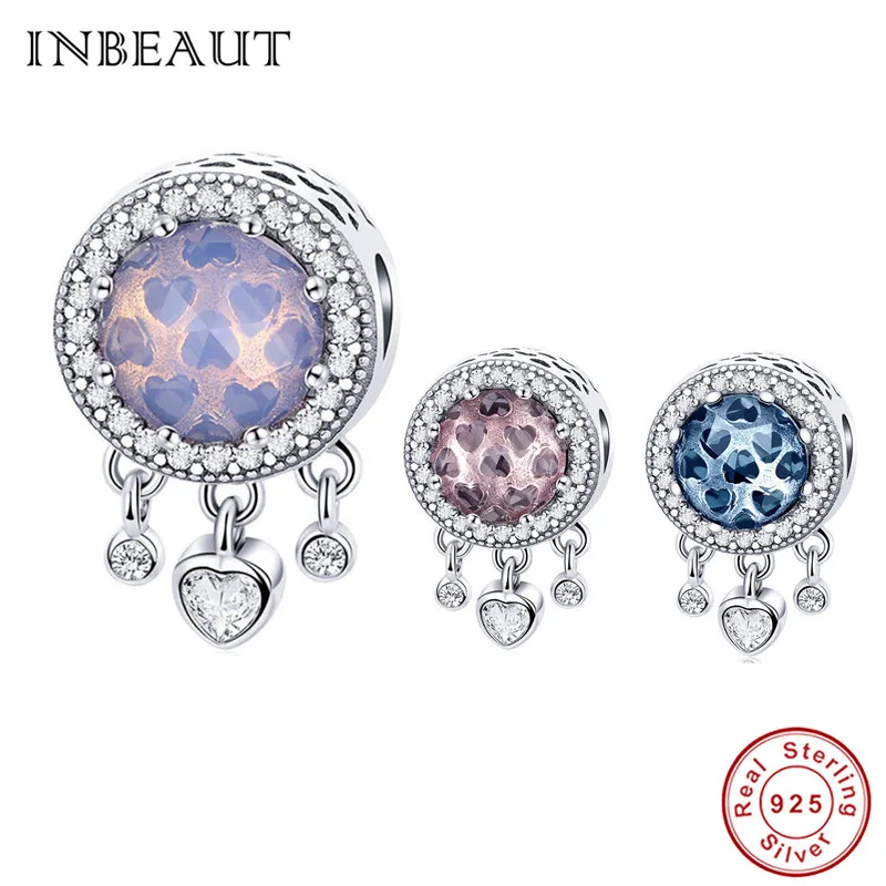

INBEAUT Real 925 Sterling Silver Star Heart Crsytal Beads Real S925 Bright Blue Round Cubic Zirconia Charm fit Pandora Bracelet