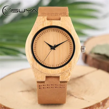

YISUYA Minimalist Sport Trendy Bamboo Quartz Hot Nature Wood Genuine Leather Band Strap Creative Fashion Simple Women WristWatch