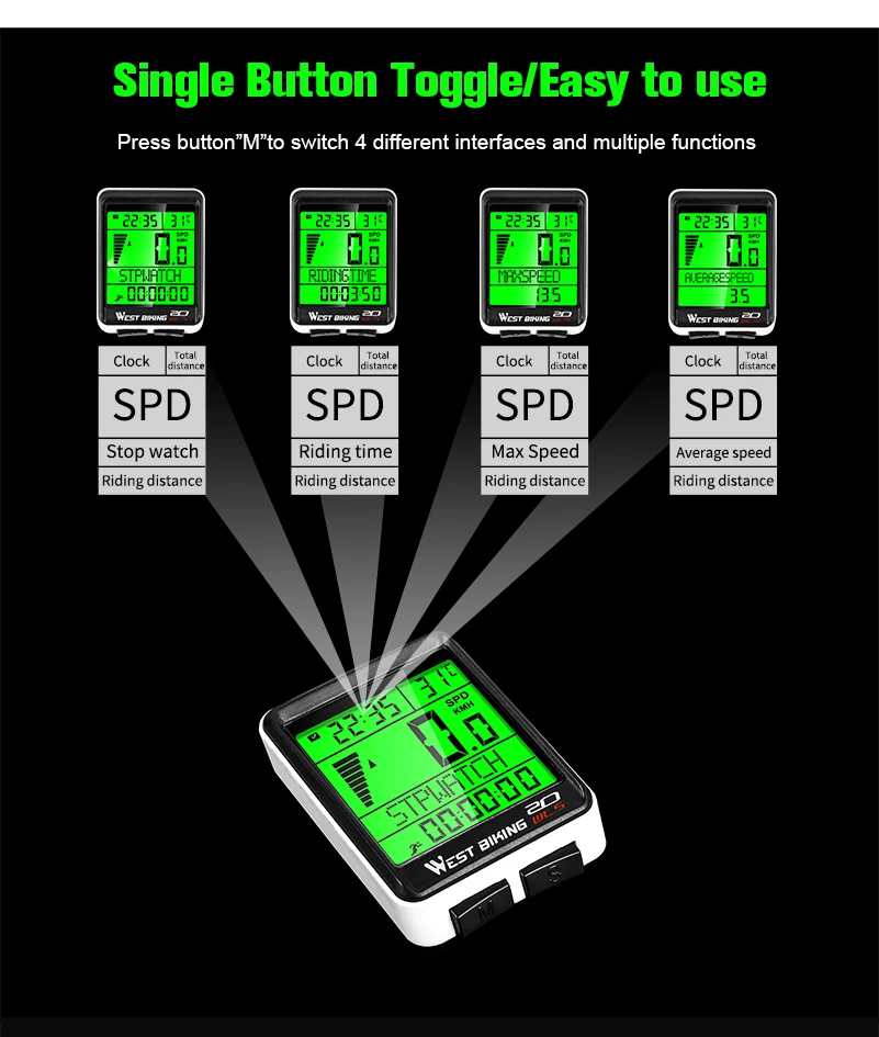 WEST BIKING, беспроводной секундомер, 5 языков, многофункциональный велосипедный компьютер, автоматическое пробуждение, светодиодный спидометр, велосипедный компьютер