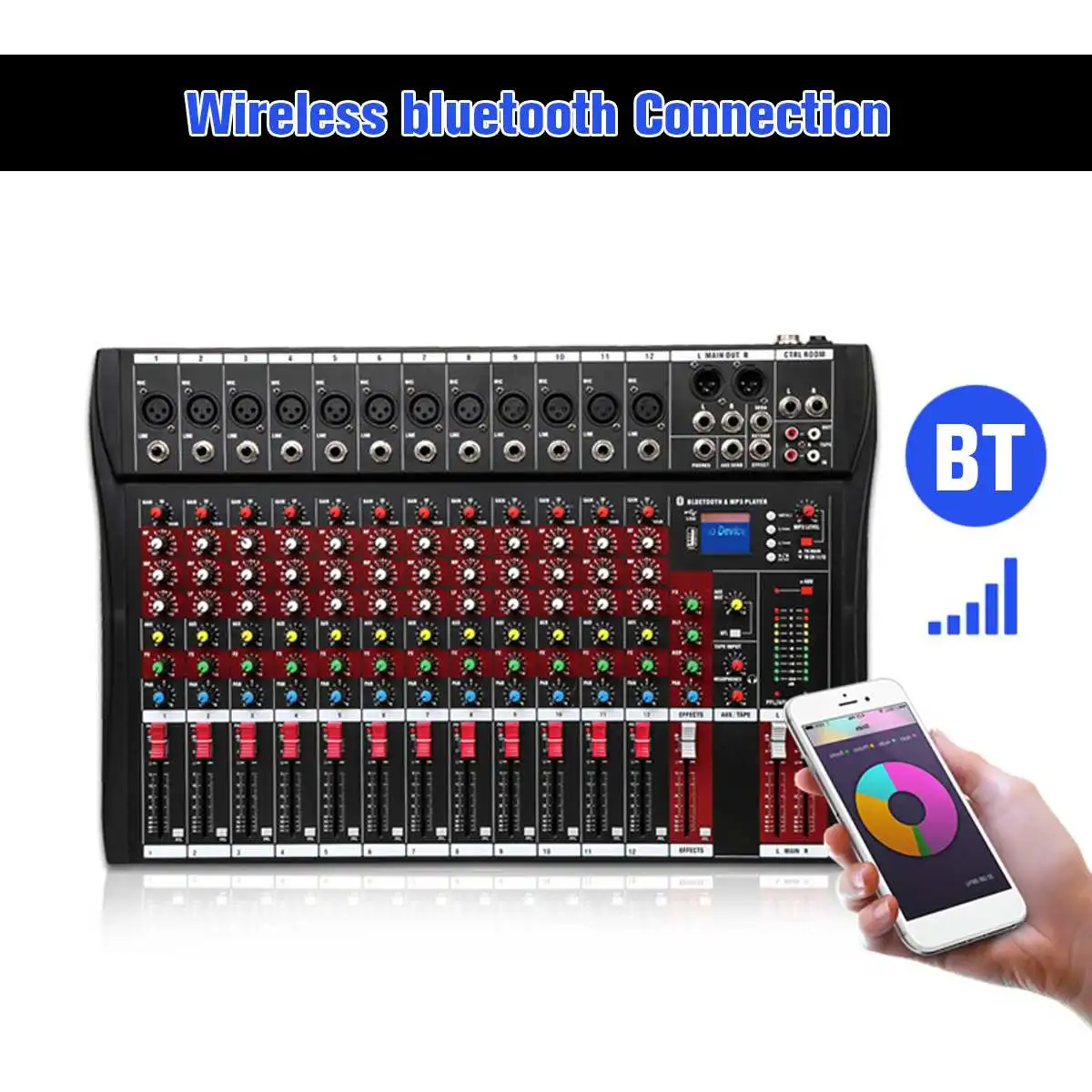 

12/8 Channel Digital Microphone Sound Mixer Console with bluetooth USB 48V Phantom Power Professional Karaoke DJ Audio Mixer