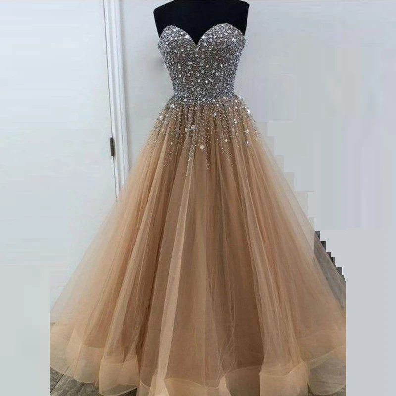 Sexy Elegant Sweetheart Evening Dress Long Sleeveless Tulle Sequins Prom Gowns Party Dresses Robe De Soiree