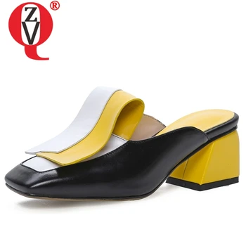 

ZVQ genuine leather Beach woman slippers summer fashion girl Slides Mixed Colors yellow black white 6cm high heels Muller shoes