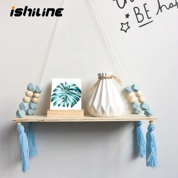 

Nordic Style Beads Colorful Wood Shelves With Tassel Wall Clapboard Decoration Children Room Kids Clothing Store Display Stand