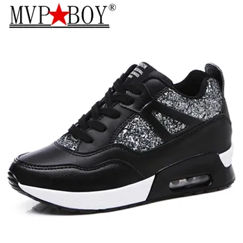 

MVP BOY Woman No-slip Sneakers Fashion Bling Lace Up Air Cushion Wedges for Women Casual Breathable Increase Within 7 CM Shoes