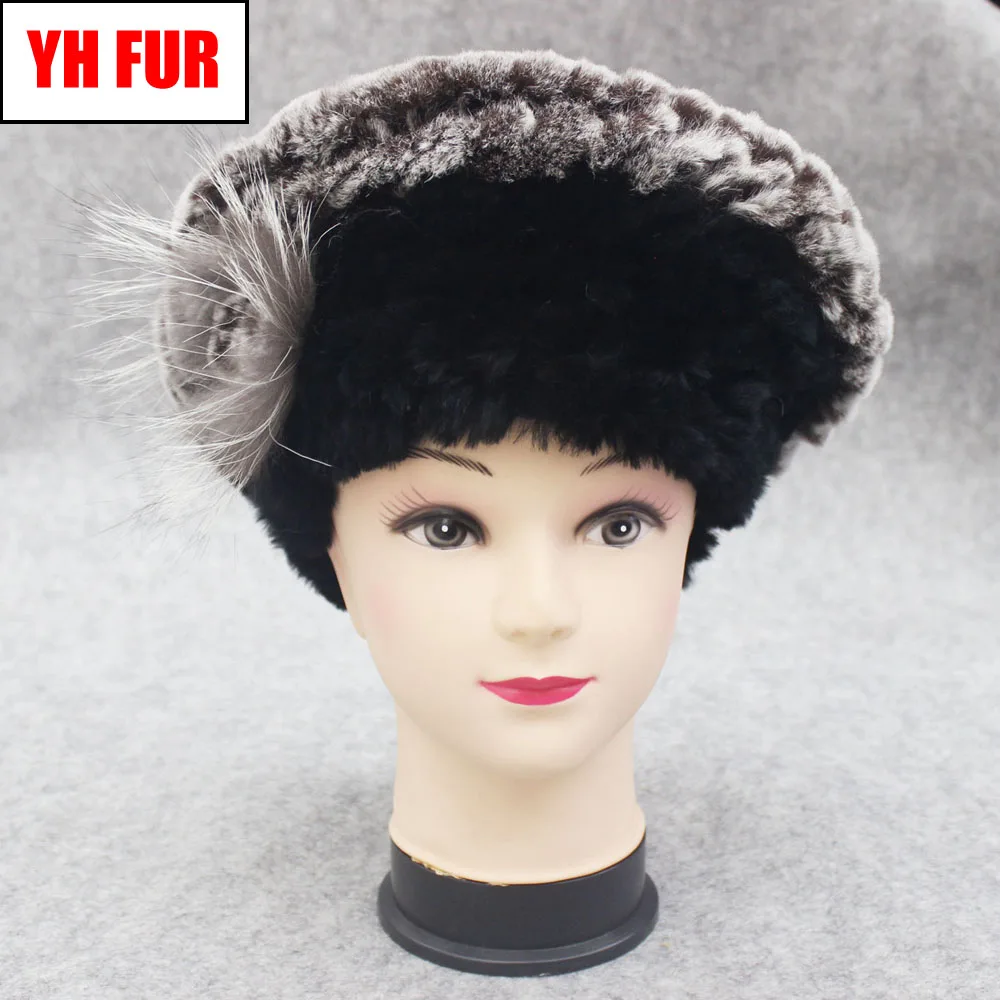 

Casual Women Real 100% Natural Rex Rabbit Fur Beret Hats Winter Warm Rex Rabbit Fur Caps Lady Knitted Elastic Floral Beanies Cap