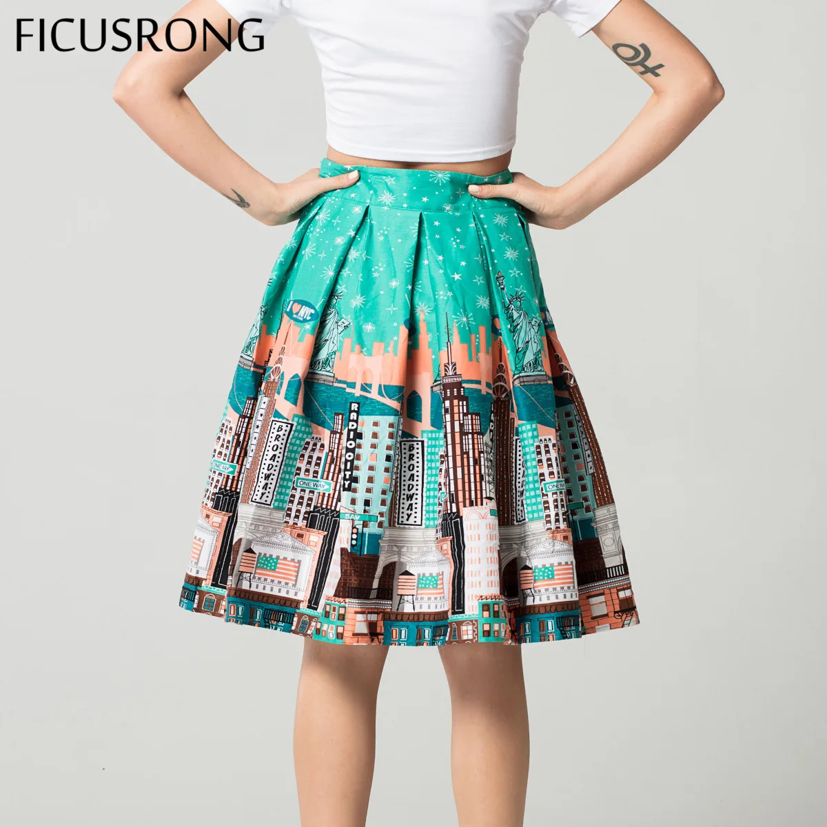 Летние женские юбки с цветочным принтом в стиле ретро, винтажная юбка с завышенной талией, элегантная трапециевидная Женская юбка средней длины, FICUSRONG
