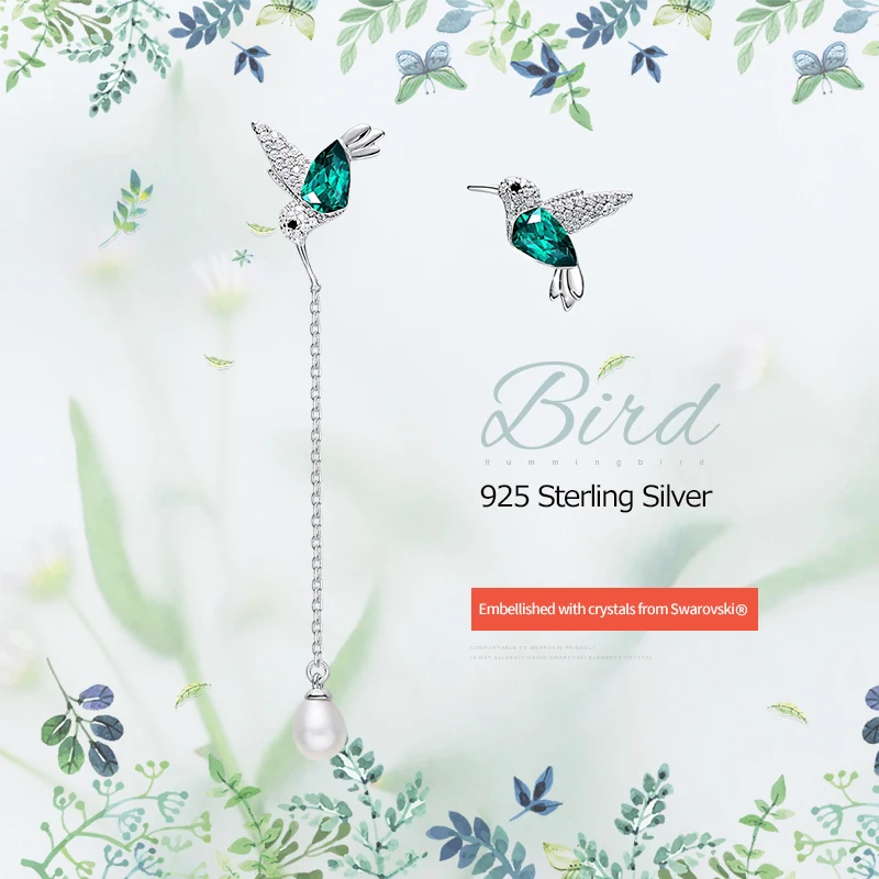 Cdyle 925 пробы серебряные серьги в виде птиц украшенные кристаллами серьги-гвоздики для женщин