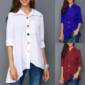 

Women's Irregular Office Shirt Lady Top Plus Size 5XL Colorful Button White Long Sleeve Feminine Blouses Top Summer Pocket Shirt
