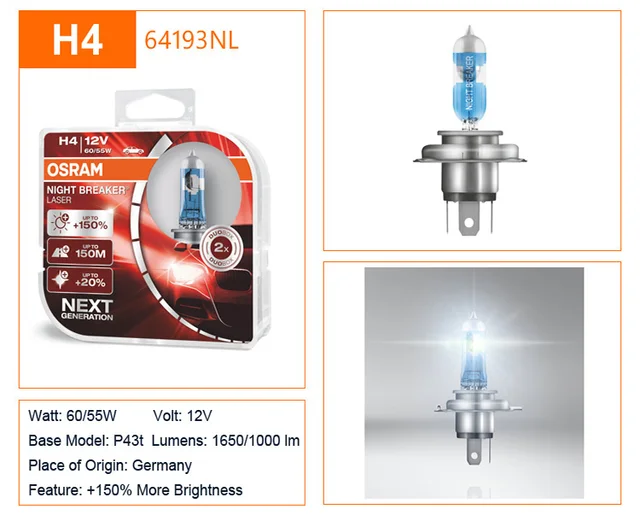 Osram H4 9003 Hb2 64193nl Halogen Night Breaker Laser Next Generation 12v  60/55w P43t 150% Bright Car Original Headlight, Pair - Car Headlight  Bulbs(halogen) - AliExpress