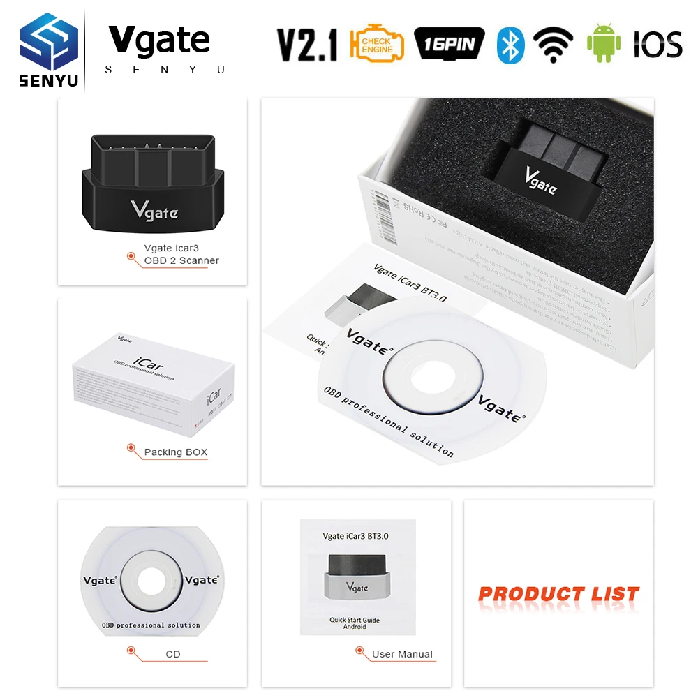 Vgate iCar3 ELM 327 V2.1 OBD2 Bluetooth Wi Fi сканер ELM327 ODB2 для Android/IOS iCar 3 OBD 2 автомобильный