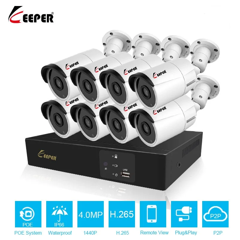 

Keeper H.265 8CH 5MP PoE NVR With 8pcs 4.0MP IP POE Camera POE System PoE Kits P2P Cloud cctv System Support PC Mobile View
