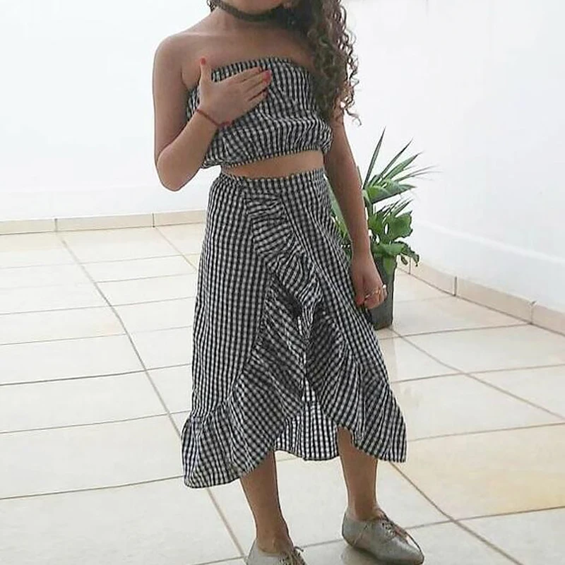 

Plaid Off Shoulder Short Tops and Ruffle Dress Children Girls Clothing 2019 Fashion Girl Dress Summer Kids Baby Girl Clothes Set