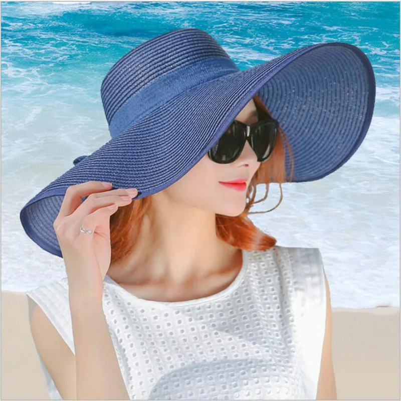 

Simple Summer Fashion Sun Caps big wide brim Bowknot Hat Women block UV protection panama Caps