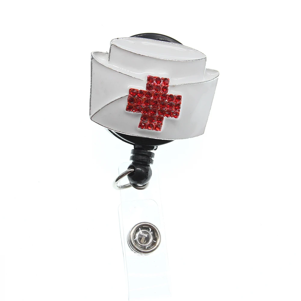 

20pcs/New Design White Enamel Red Rhinestone Nurse Hat Retractable Medical Nurse Cross ID Badge Holder