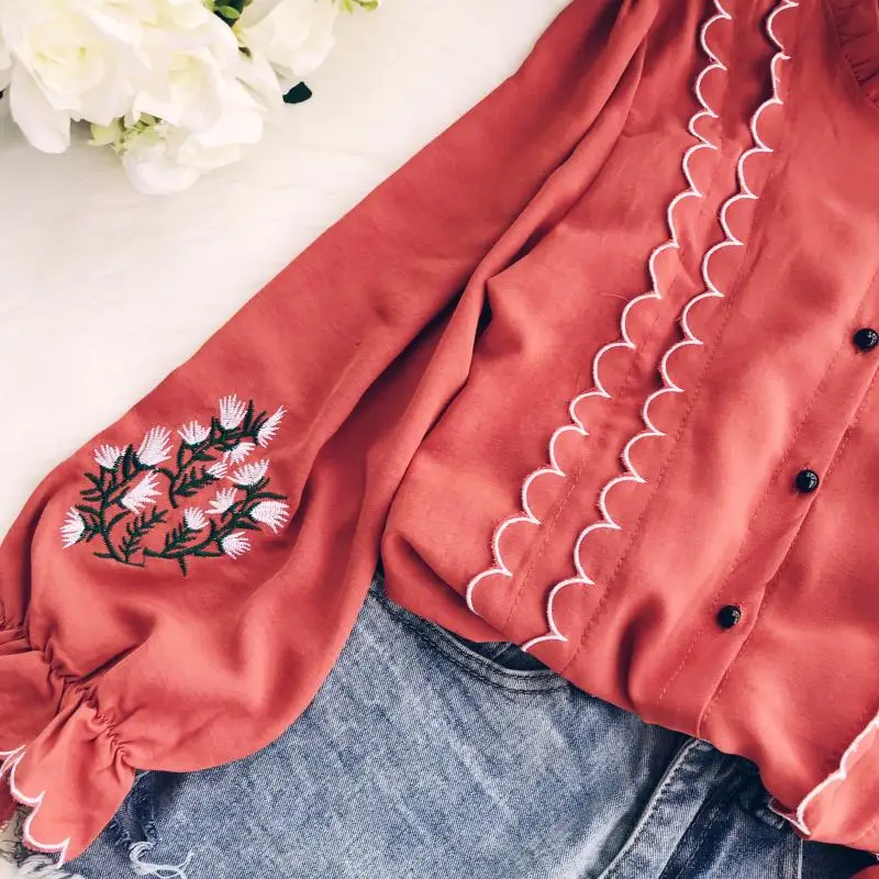 Autumn Women Blending Graceful Wave Ruched Long Lantern Sleeve Embroidery Cardigan Blouse Shirt Ladies Urban Sweet Ruffles Suits