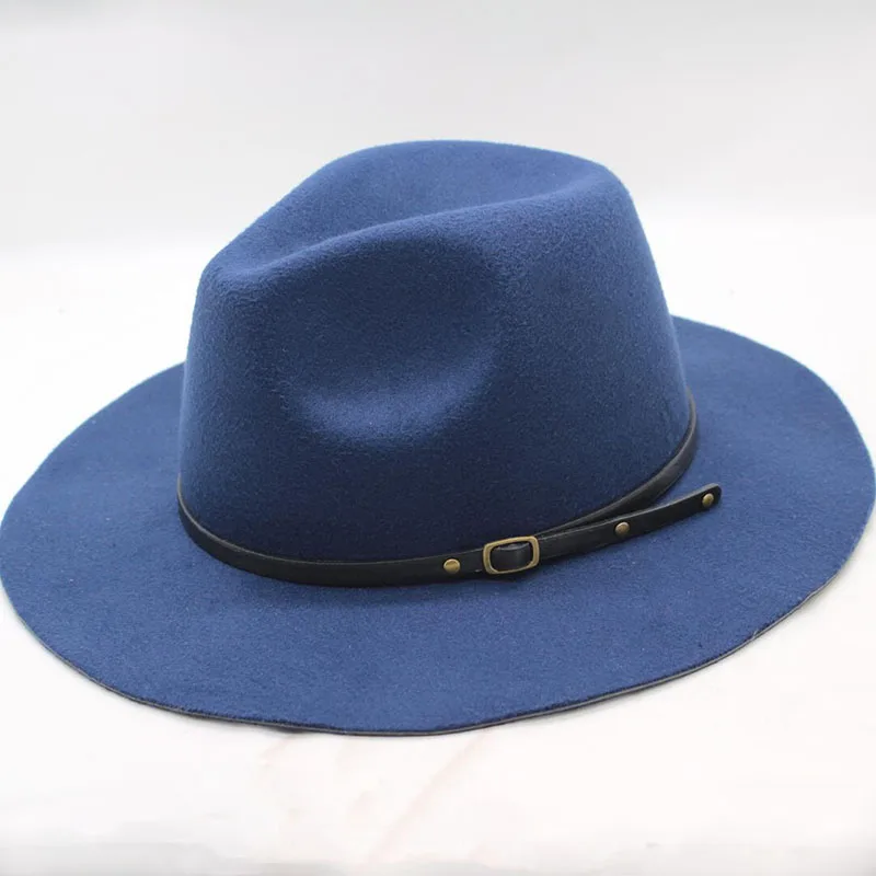 BINGYUANHAOXUAN высококачественные шерстяные мягкие шляпы классический модный пояс широкий джазования с полями шапки для мужчин и женщин шерстяная фетровая шляпа - Цвет: navy