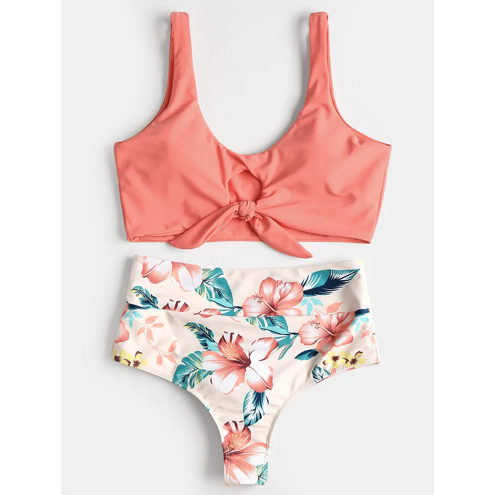 

Knotted Floral Scrunch Bikini High Waist Swimwear Women Swimsuit Print Bathing Suit 2018 New Swimming Suit Maillot De Bain