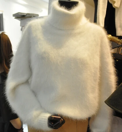 Winter Thick Warm Mink Cashmere Sweater Women Oversized Turtleneck Knitted Sweaters and Pullovers Loose White Fuzzy Sweater Coat (1)