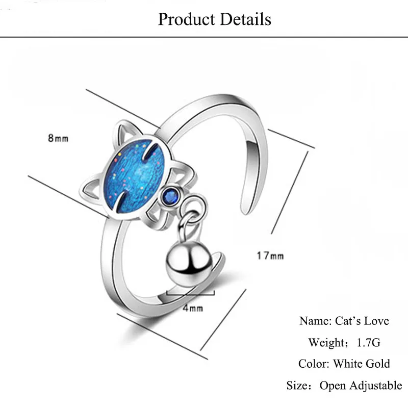 Qevila Cat`s Love for Women Fashion Open Plate  Ring Men Cute Romantic Lovely Round Blue Cat Women Rings Anel (11)