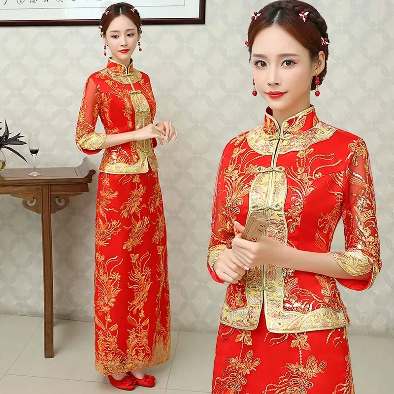 Модное красное женское свадебное платье Cheongsam с вышивкой в китайском стиле