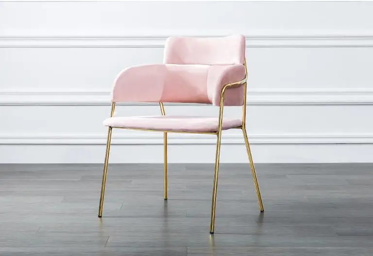 Simple Dining Chair Leisure Chair Metal Cloth Pink Armrest Dining Chair Designer Coffee Back Chair.