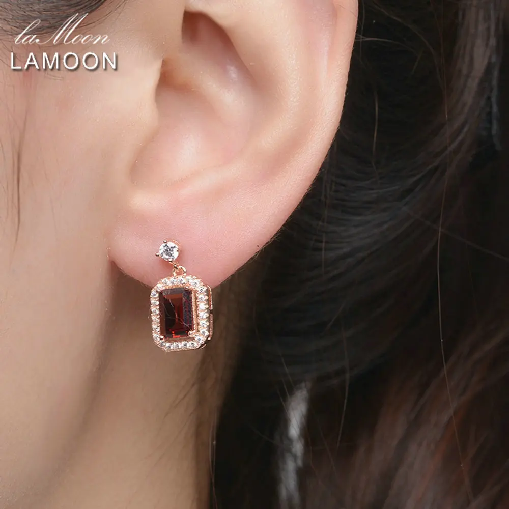 LAMOON Crystal Drop Earrings For Women Classic 1.1ct 100% Natural Red Garnet 925 Sterling Silver S925 Fine Jewelry LMEI025