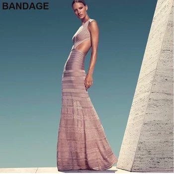 

Leger Babe HL Summer 2019 New Design Runway O Neck Backless Sleeveless Cutout Waist Maxi Party Gowns Bandage Dress for Women