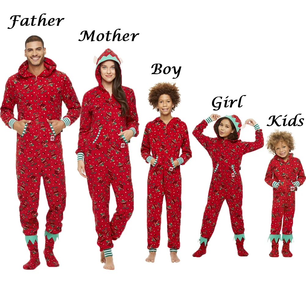 Рождественский комбинезон на молнии для всей семьи, для детей и взрослых, рождественские пижамы, одежда для сна, одежда для сна, милый Пижамный костюм с капюшоном и ушками